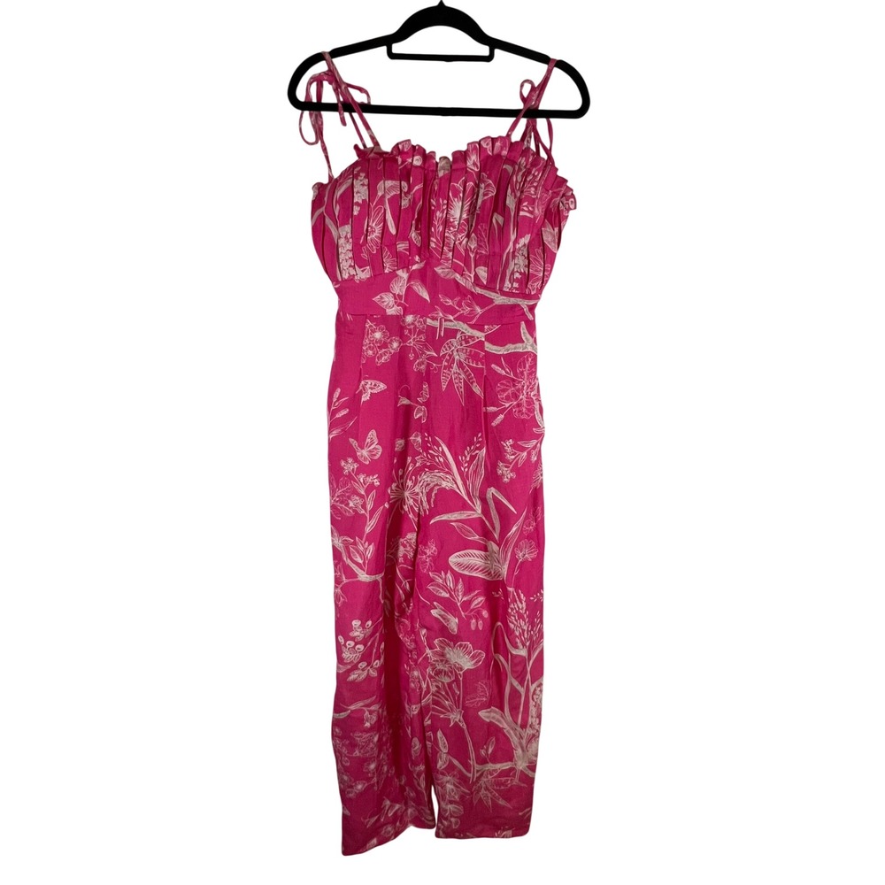 Ranna Gill Pink Botanical Floral Butterfly Pleated Jumpsuit M Beach Boho Linen